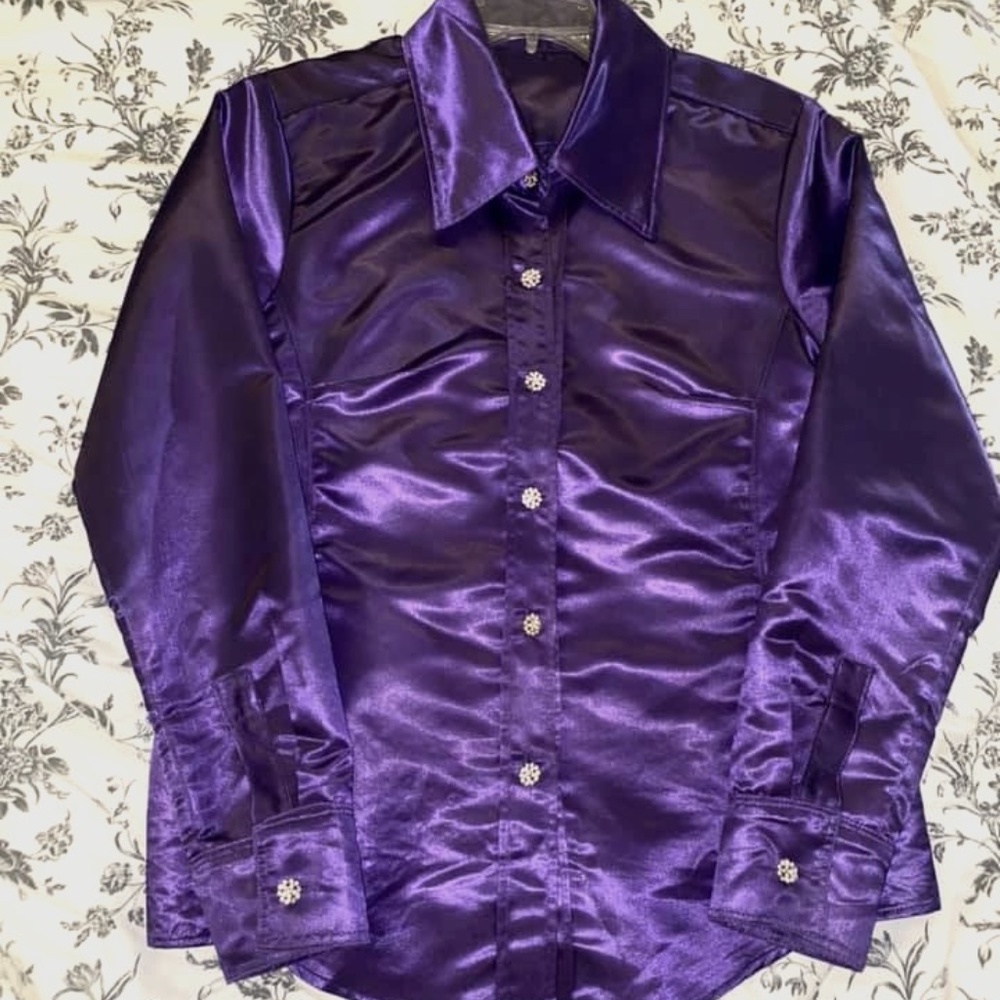 Purple Satin button down with crystal buttons